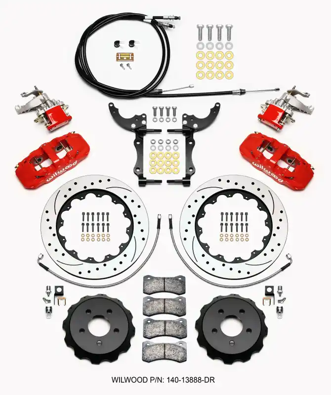 Wilwood AERO4 / MC4 Rear Kit 14.00 Drilled Red 2015-Up Mustang w/Lines & Cables (WIL140-13888-DR)