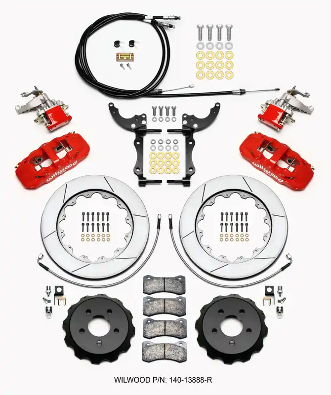 Wilwood AERO4 / MC4 Rear Kit 14.00 Red 2015-Up Mustang w/Lines & Cables (WIL140-13888-R)