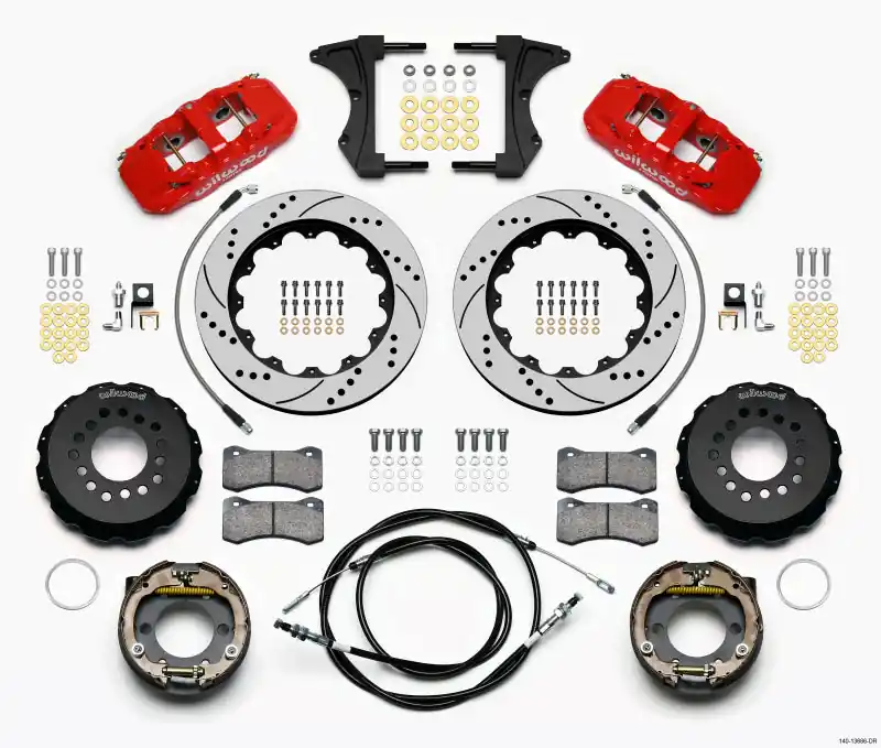 Wilwood AERO4 Rear Kit 14.00 Drilled Red 2005-2014 Mustang w/ BMR Suspn. w/Lines (WIL140-13686-DR)