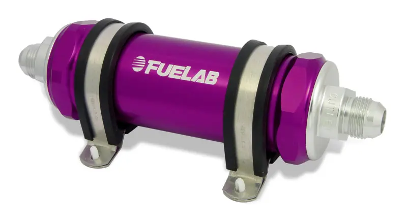 Fuelab 858 In-Line Fuel Filter Long -8AN In/Out 40 Micron Stainless w/Check Valve - Purple (FLB85811-4)