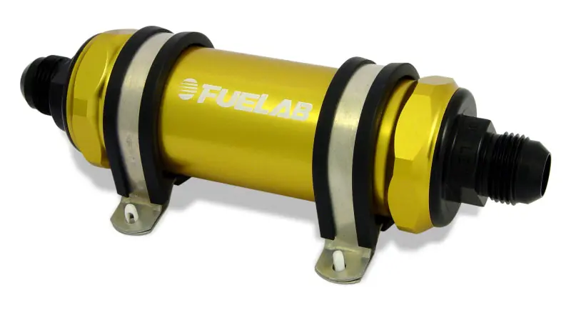 Fuelab 858 In-Line Fuel Filter Long -8AN In/Out 40 Micron Stainless w/Check Valve - Gold (FLB85811-5)