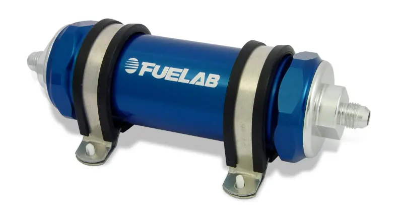 Fuelab 858 In-Line Fuel Filter Long -10AN In/Out 100 Micron Stainless w/Check Valve - Blue (FLB85822-3)