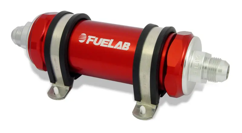 Fuelab 858 In-Line Fuel Filter Long -8AN In/Out 6 Micron Fiberglass w/Check Valve - Red (FLB85831-2)