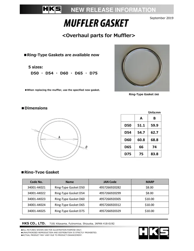HKS Muffler Gasket 66mm ID 74mm OD (HKS34001-AK024)