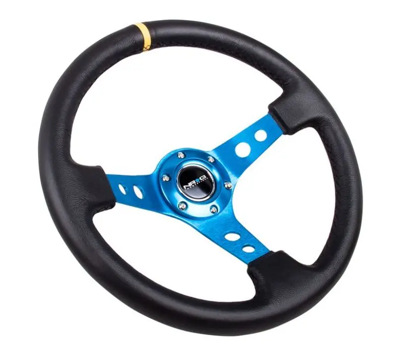 NRG Reinforced Steering Wheel (350mm / 3in. Deep) Blk Leather w/Blue Cutout Spoke & Single Yellow CM (NRGRST-006BL-Y)