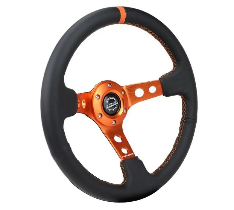 NRG Reinforce Steering Wheel (350mm / 3in. Deep) Blk Leather, Orange Center Mark w/ Orange Stitching (NRGRST-006OR)