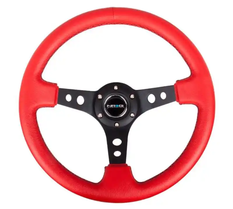 NRG Reinforced Steering Wheel (350mm / 3in. Deep) Red Leather/Blk Stitch w/Blk Spokes (Hole Cutouts) (NRGRST-006RR-BS-B)