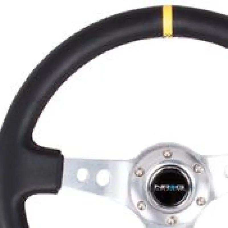 NRG Reinforced Steering Wheel (350mm / 3in. Deep) Blk Leather w/Circle Cut Spokes & Single Yellow CM (NRGRST-006SL-Y)