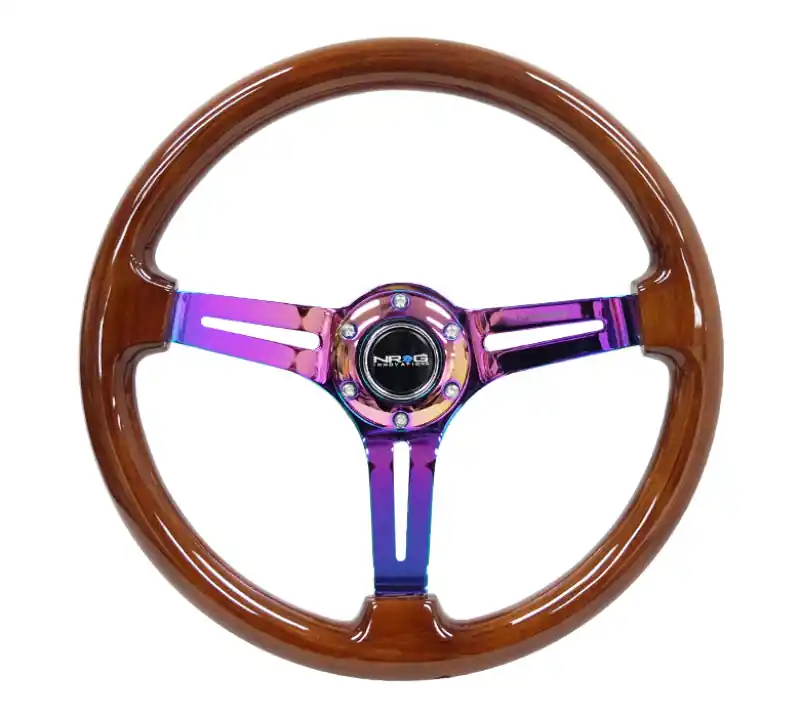 NRG Reinforced Steering Wheel (350mm / 3in. Deep) Brown Wood w/Blk Matte Spoke/Neochrome Center Mark (NRGRST-018BR-MC)