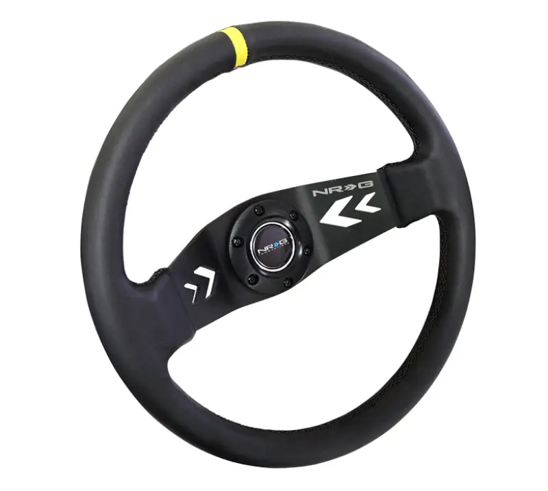 NRG Reinforced Steering Wheel (350mm / 3in Deep) Blk Leather w/NRG Arrow-Cut 2-Spoke & Sgl Yellow CM (NRGRST-022R-Y)
