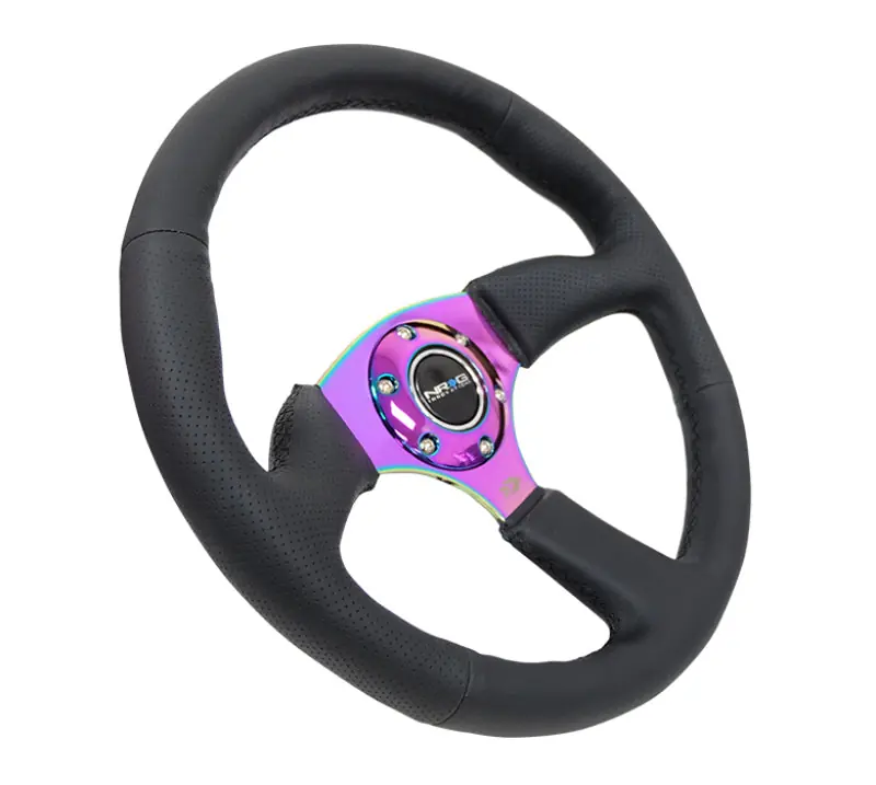 NRG Reinforced Steering Wheel (350mm / 2.5in. Deep) Leather Race Comfort Grip w/4mm Neochrome Spokes (NRGRST-023MC-R)