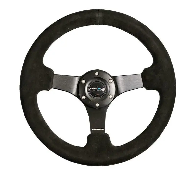 NRG Reinforced Steering Wheel (330mm / 3in Deep) Blk Suede w/Criss Cross Stitch w/Blk 3-Spoke Center (NRGRST-033BK-S)