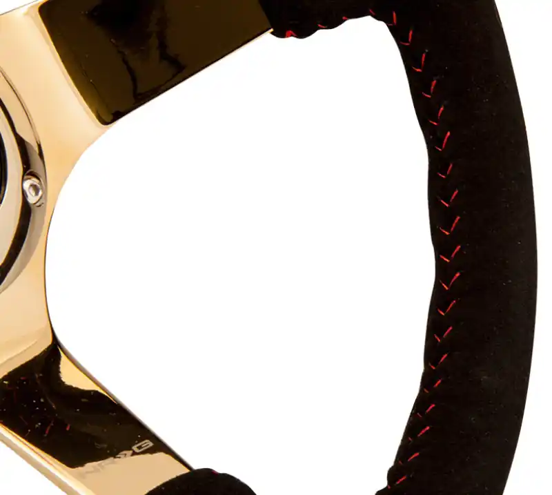 NRG Reinforced Steering Wheel (350mm / 3in. Deep) Blk Suede w/Red BBall Stitch & Chrome Gold 3-Spoke (NRGRST-036GD-S)
