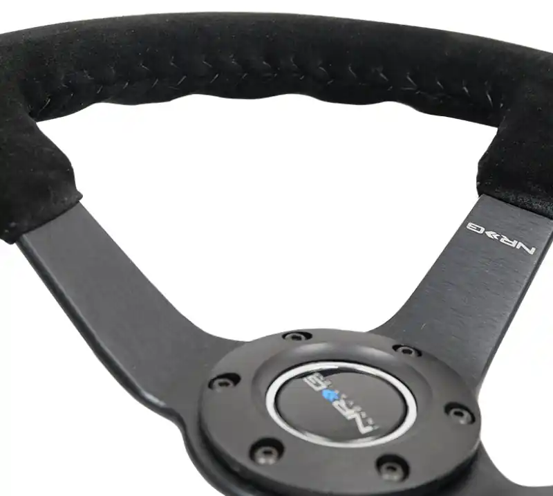 NRG Reinforced Steering Wheel (350mm / 3in. Deep) Blk Suede/Blk Bball Stitch w/5mm Matte Black Spoke (NRGRST-036MB-S-BK)