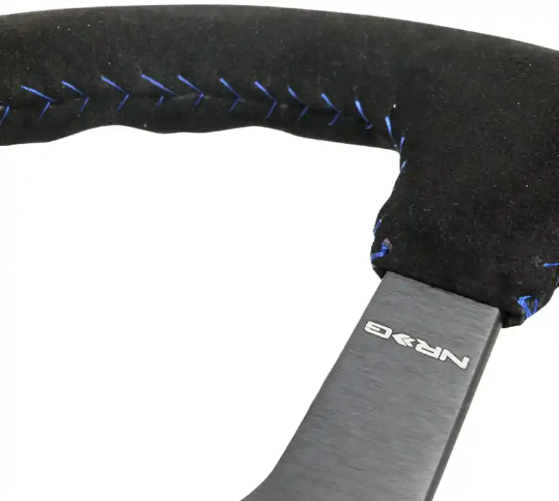 NRG Reinforced Steering Wheel (350mm / 3in. Deep) Blk Suede/Blue BBall Stitch w/5mm Matte Blk Spokes (NRGRST-036MB-S-BL)