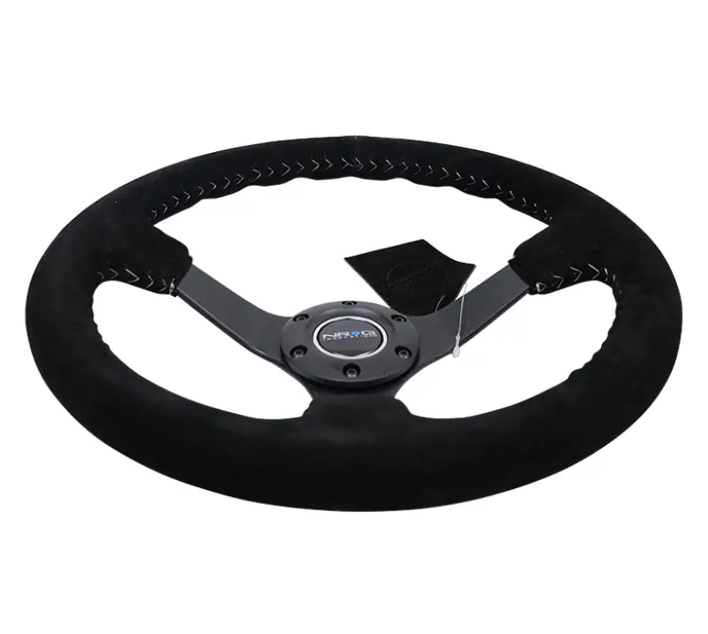 NRG Reinforced Steering Wheel (350mm / 3in. Deep) Blk Suede/Silver BBall Stitch w/5mm Mt. Blk Spokes (NRGRST-036MB-S-SL)