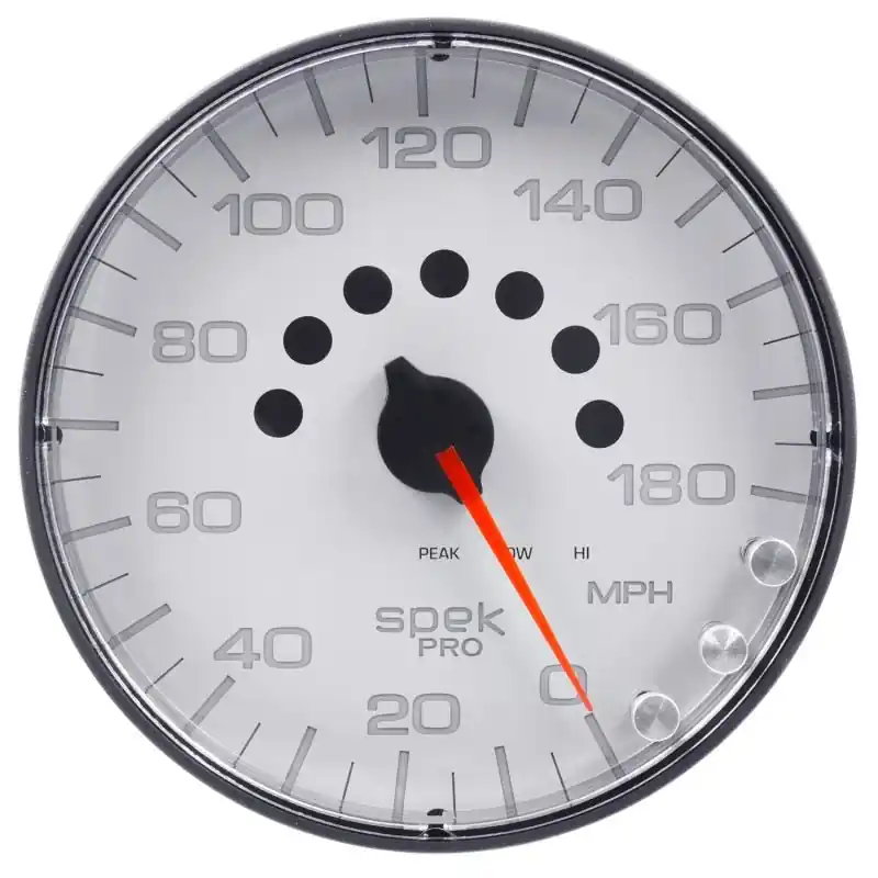 Autometer Spek-Pro Gauge Speedometer 5in 180 Mph Elec. Programmable White/Black (ATMP230128)