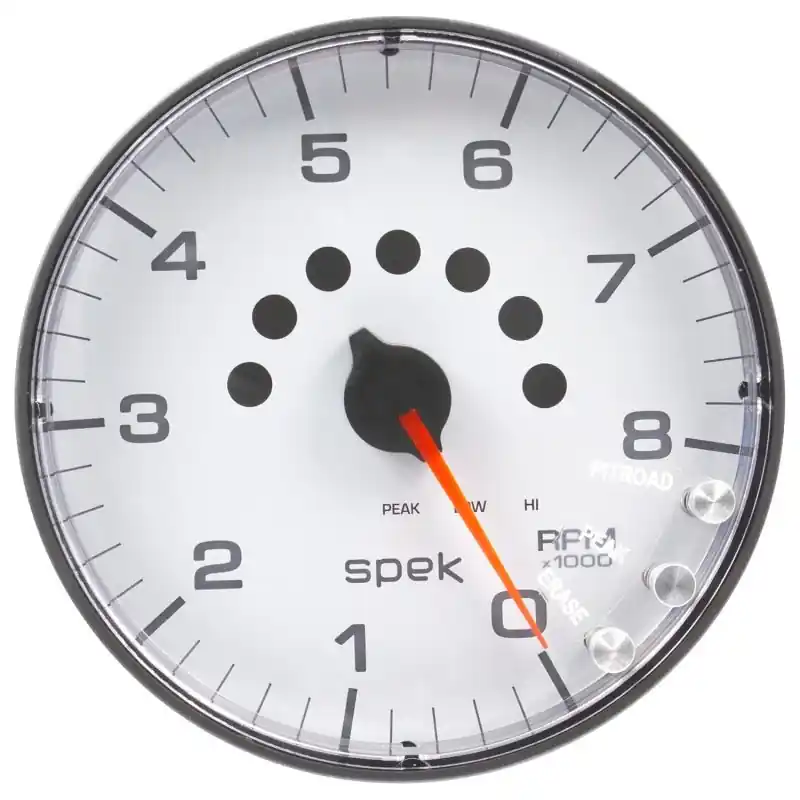 Autometer Spek-Pro Gauge Tachometer 5in 8K Rpm W/Shift Light & Peak Mem White/Black (ATMP238128)