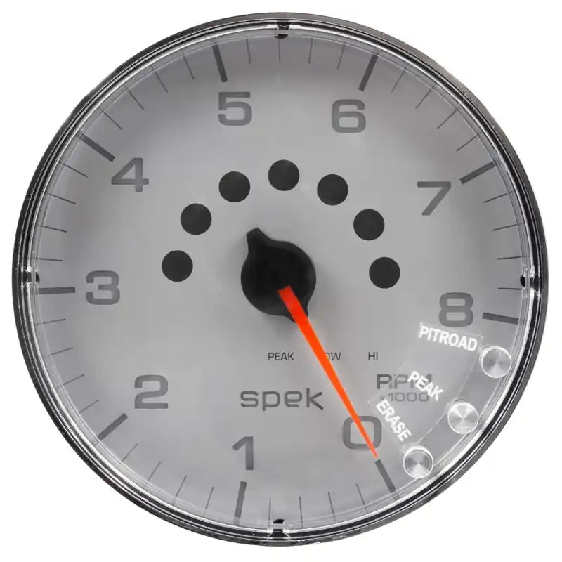 Autometer Spek-Pro Gauge Tachometer 5in 8K Rpm W/Shift Light & Peak Mem Silver/Chrome (ATMP238218)