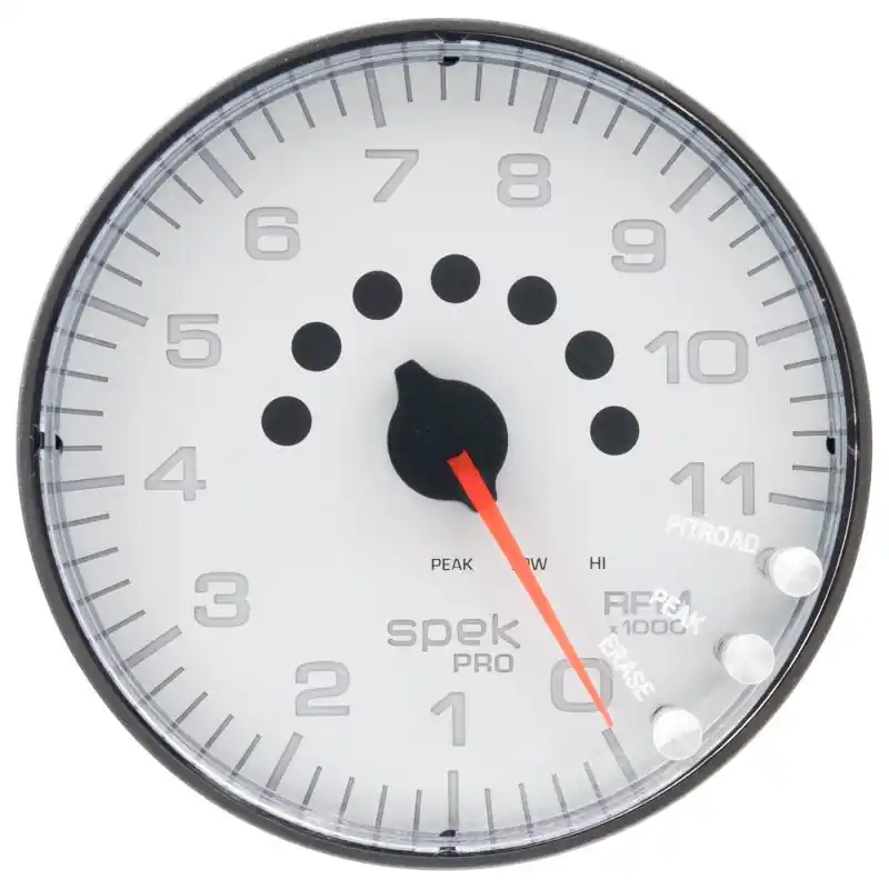 Autometer Spek-Pro Gauge Tachometer 5in 11K Rpm W/Shift Light & Peak Mem White/Black (ATMP239128)