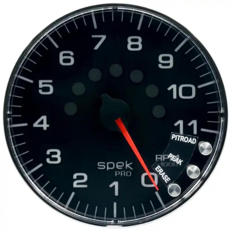 Autometer Spek-Pro Gauge Tachometer 5in 11K Rpm W/Shift Light & Peak Mem Black/Chrome (ATMP239318)
