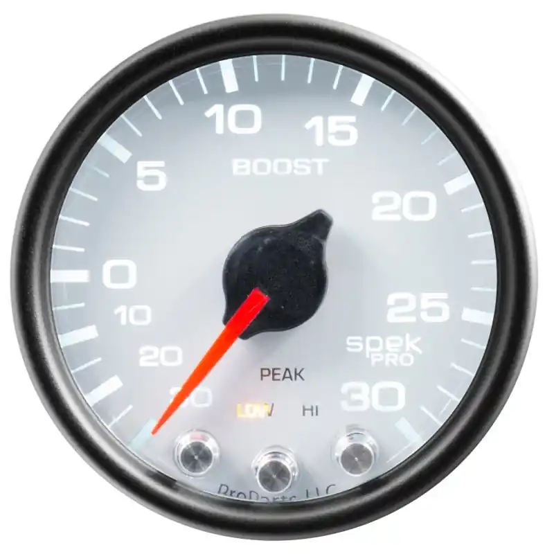 Autometer Spek-Pro Gauge Vac/Boost 2 1/16in 30Inhg-30psi Stepper Motor W/Peak & Warn White/Black (ATMP30212)