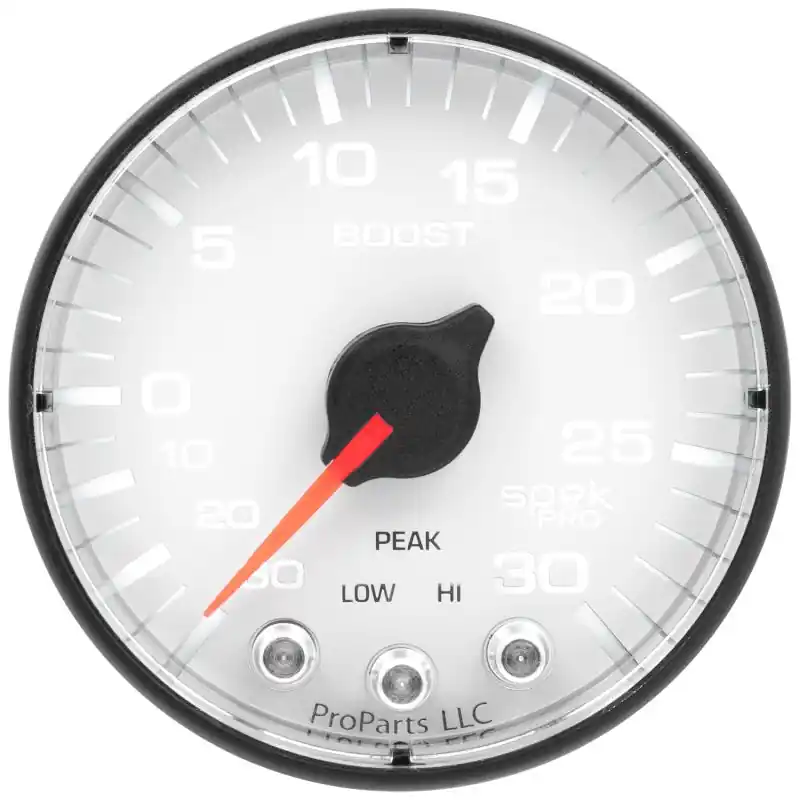 Autometer Spek-Pro Gauge Vac/Boost 2 1/16in 30Inhg-30psi Stepper Motor W/Peak & Warn White/Black (ATMP302128)