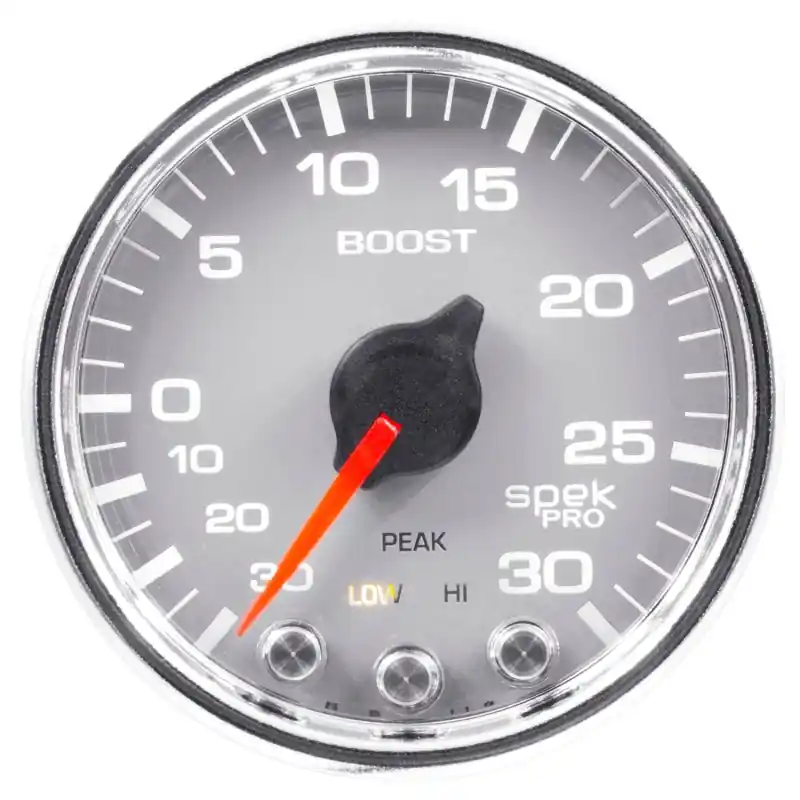 Autometer Spek-Pro Gauge Vac/Boost 2 1/16in 30Inhg-30psi Stepper Motor W/Peak & WarnSilver/Chrome (ATMP30221)