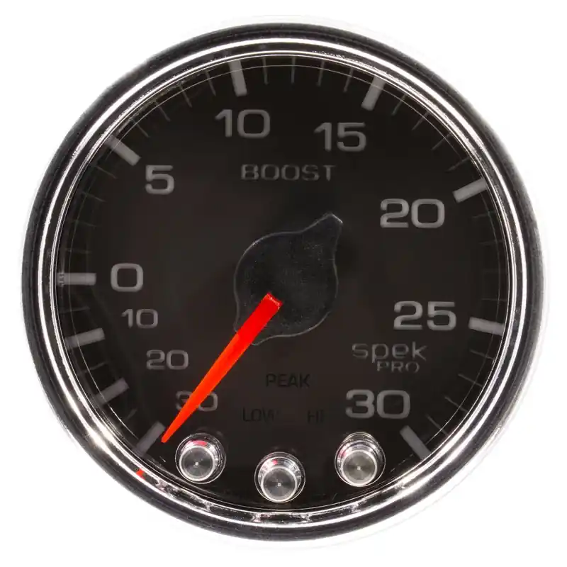 Autometer Spek-Pro Gauge Vac/Boost 2 1/16in 30Inhg-30psi Stepper Motor W/Peak & Warn Black/Chrome (ATMP30231)