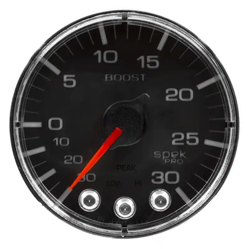 Autometer Spek-Pro Gauge Vac/Boost 2 1/16in 30Inhg-30psi Stepper Motor W/Peak & Warn Black/Chrome (ATMP302318)