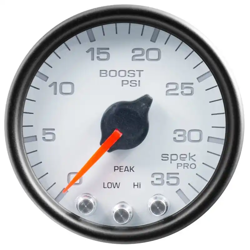 Autometer Spek-Pro Gauge Boost 2 1/16in 35psi Stepper Motor W/Peak & Warn White/Black (ATMP30312)