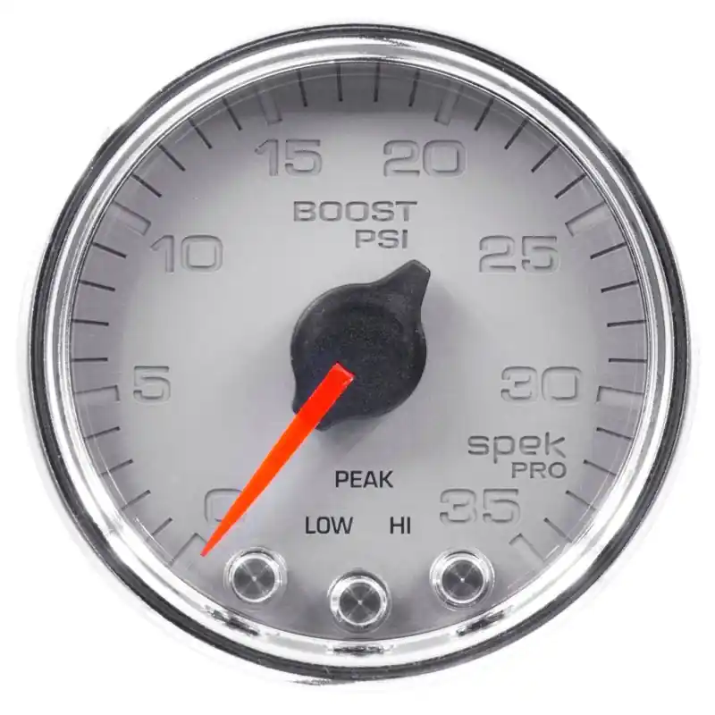Autometer Spek-Pro Gauge Boost 2 1/16in 35psi Stepper Motor W/Peak & Warn Silver/Chrome (ATMP30321)