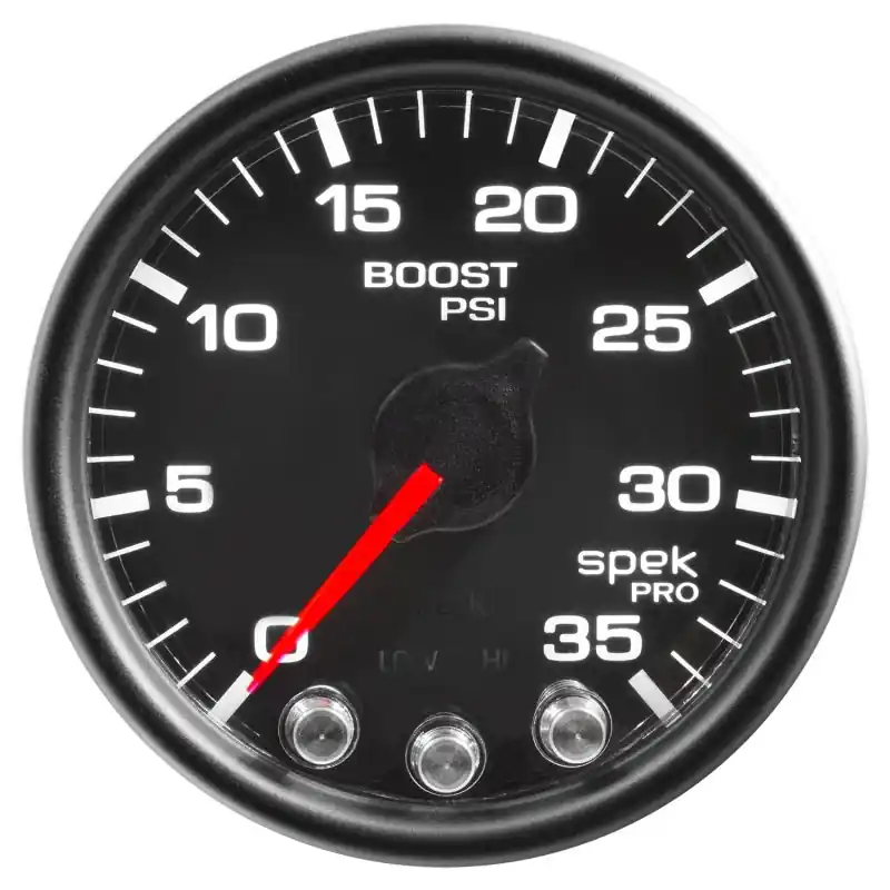 Autometer Spek-Pro Gauge Boost 2 1/16in 35psi Stepper Motor W/Peak & Warn Black/Black (ATMP30332)