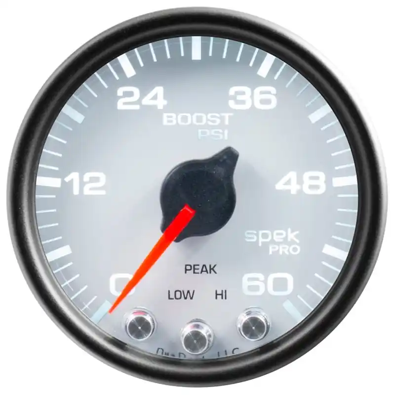 Autometer Spek-Pro Gauge Boost 2 1/16in 60psi Stepper Motor W/Peak & Warn Wht/Blk (ATMP30412)