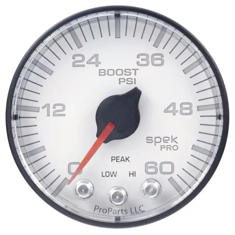 Autometer Spek-Pro Gauge Boost 2 1/16in 60psi Stepper Motor W/Peak & Warn Wht/Blk (ATMP304128)