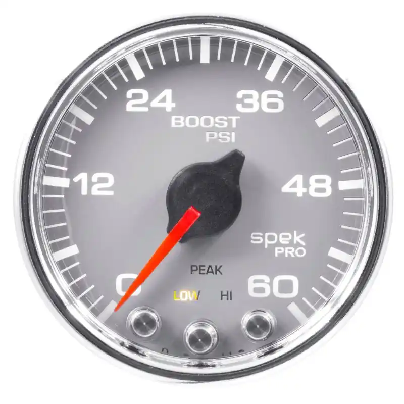 Autometer Spek-Pro Gauge Boost 2 1/16in 60psi Stepper Motor W/Peak & Warn Slvr/Chrm (ATMP30421)