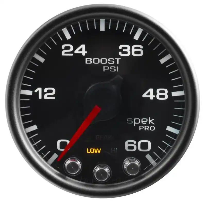 Autometer Spek-Pro Gauge Boost 2 1/16in 60psi Stepper Motor W/Peak & Warn Blk/Black (ATMP30432)