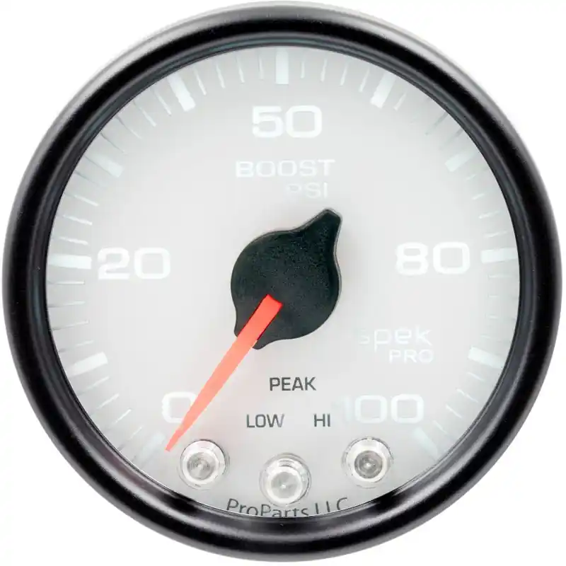 Autometer Spek-Pro Gauge Boost 2 1/16in 100psi Stepper Motor W/Peak & Warn Wht/Blk (ATMP30512)