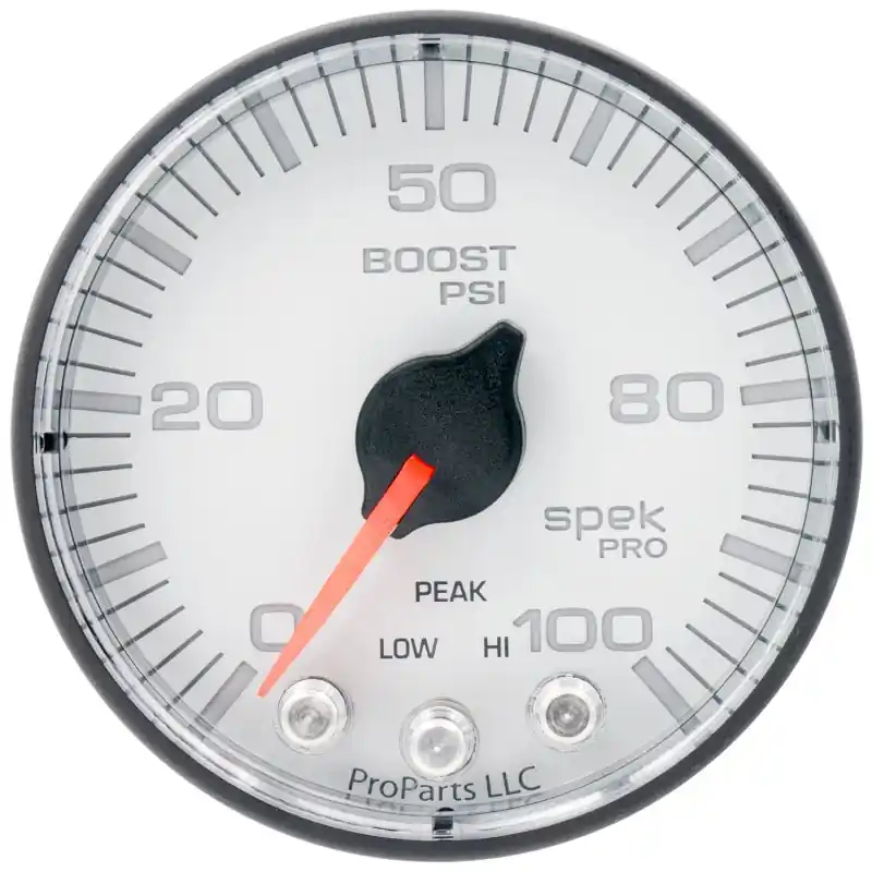 Autometer Spek-Pro 2 1/16in 100PSI Stepper Motor W/Peak & Warn White/Black Boost Gauge (ATMP305128)