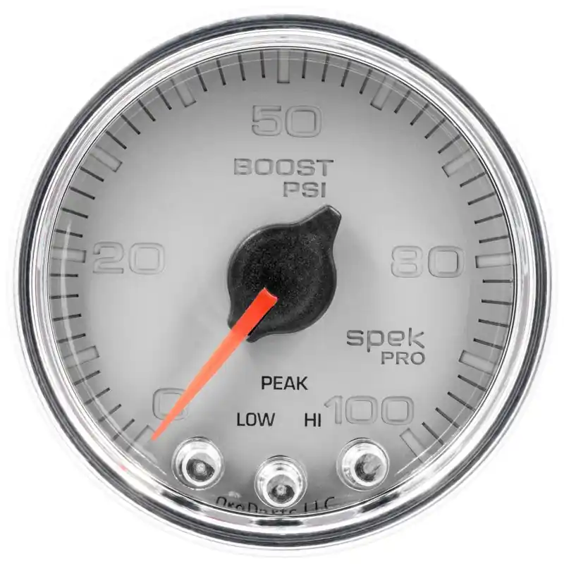 Autometer Spek-Pro Gauge Boost 2 1/16in 100psi Stepper Motor W/Peak & Warn Slvr/Chrm (ATMP30521)