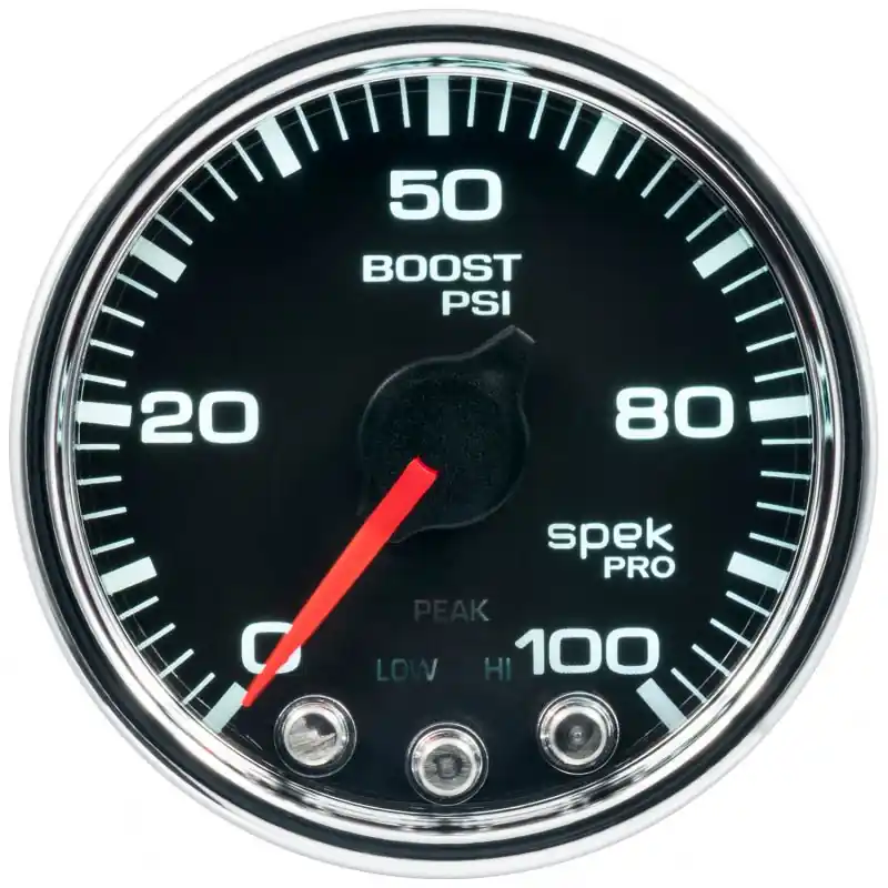 Autometer Spek-Pro Gauge Boost 2 1/16in 100psi Stepper Motor W/Peak & Warn Blk/Chrm (ATMP30531)