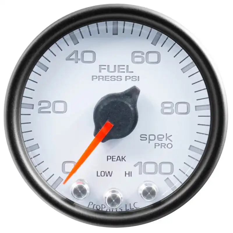 Autometer Spek-Pro Gauge Fuel Press 2 1/16in 100psi Stepper Motor W/Peak & Warn Wht/Blk (ATMP31412)