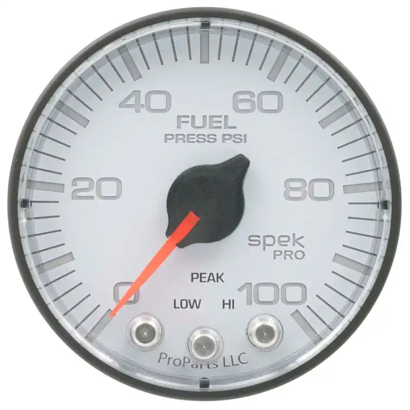Autometer Spek-Pro Gauge Fuel Press 2 1/16in 100psi Stepper Motor W/Peak & Warn Wht/Blk (ATMP314128)