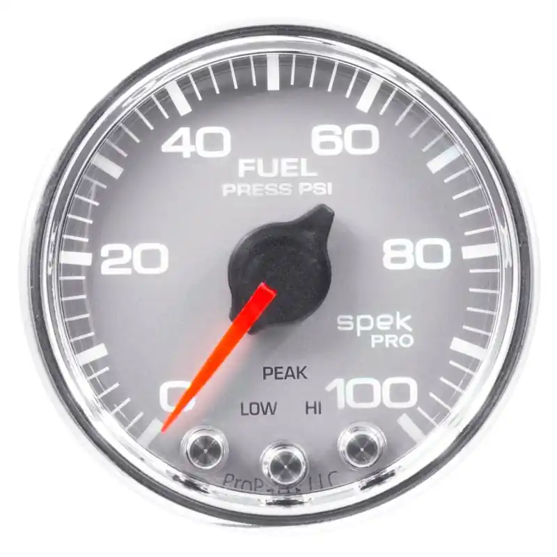 Autometer Spek-Pro Gauge Fuel Press 2 1/16in 100psi Stepper Motor W/Peak & Warn Slvr/Chrm (ATMP31421)