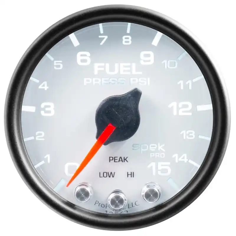 Autometer Spek-Pro Gauge Fuel Press 2 1/16in 15psi Stepper Motor W/Peak & Warn Wht/Blk (ATMP31512)