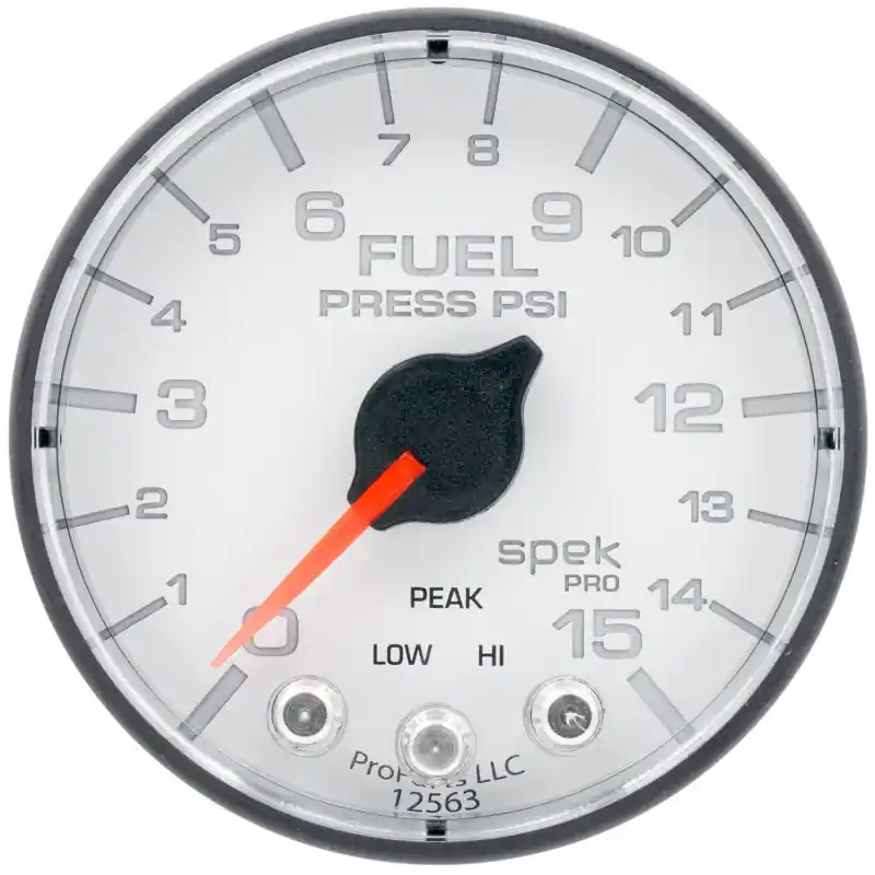 Autometer Spek-Pro Gauge Fuel Press 2 1/16in 15psi Stepper Motor W/Peak & Warn Wht/Blk (ATMP315128)