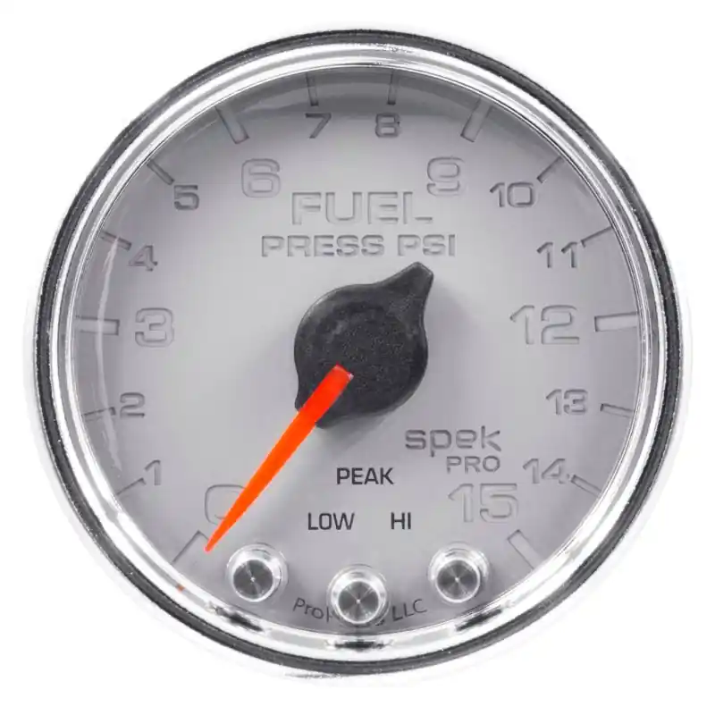Autometer Spek-Pro Gauge Fuel Press 2 1/16in 15psi Stepper Motor W/Peak & Warn Slvr/Chrm (ATMP31521)
