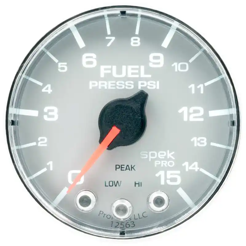 Autometer Spek-Pro Gauge Fuel Press 2 1/16in 15psi Stepper Motor W/Peak & Warn Slvr/Chrm (ATMP315218)