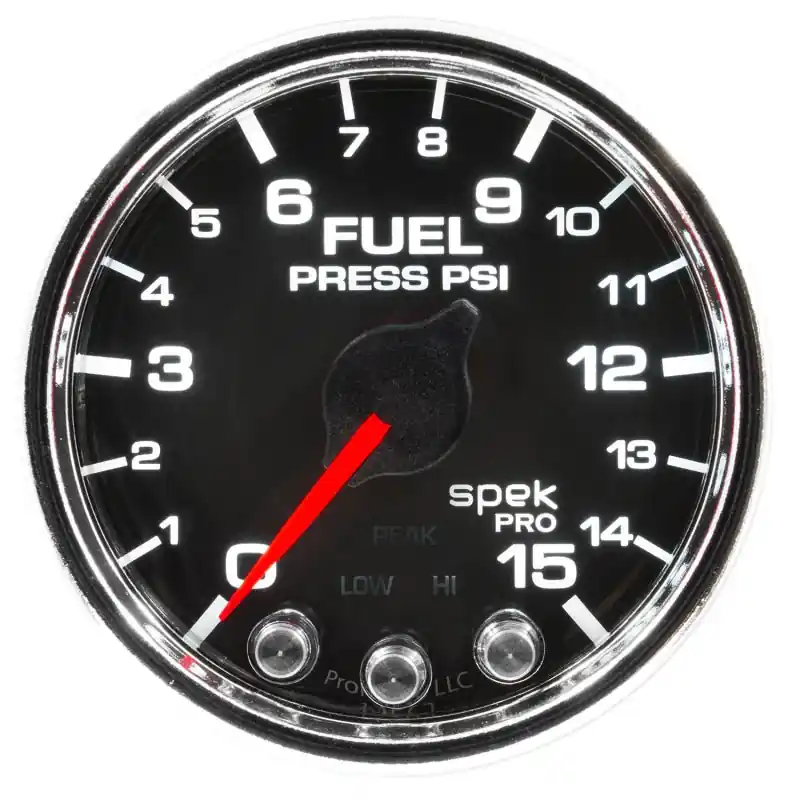 Autometer Spek-Pro Gauge Fuel Press 2 1/16in 15psi Stepper Motor W/Peak & Warn Blk/Chrm (ATMP31531)