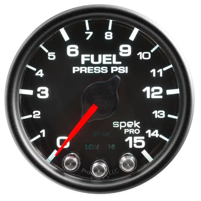 Autometer Spek-Pro Gauge Fuel Press 2 1/16in 15psi Stepper Motor W/Peak & Warn Blk/Blk (ATMP31532)